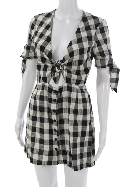 Bec & Bridge Womens Mini Dress Black Gingham Cotton V-Neck Short Sleeve Size 6