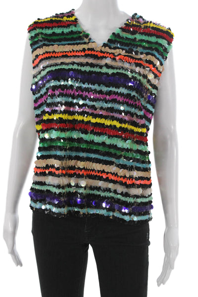 Ashish Women Striped V-Neck Sleeveless Tank Multicolor Nylon Net Zip Size L