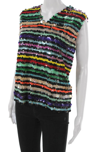 Ashish Women Striped V-Neck Sleeveless Tank Multicolor Nylon Net Zip Size L