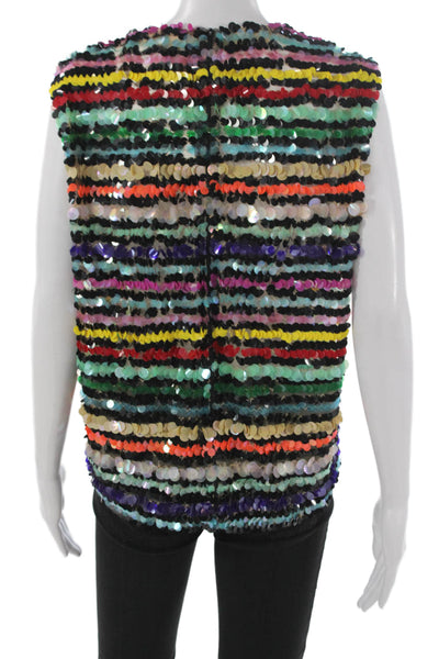 Ashish Women Striped V-Neck Sleeveless Tank Multicolor Nylon Net Zip Size L