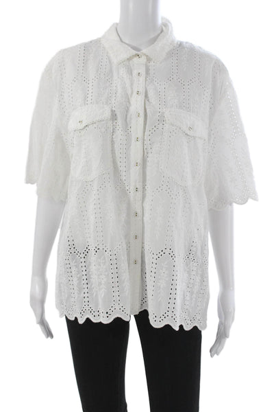 Kivari Womens Tunic Button Up Floral Collared Short Sleeve White Cotton Size 12