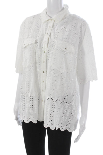Kivari Womens Tunic Button Up Floral Collared Short Sleeve White Cotton Size 12