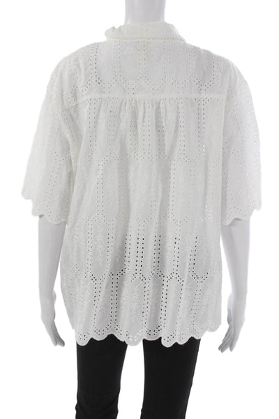 Kivari Womens Tunic Button Up Floral Collared Short Sleeve White Cotton Size 12