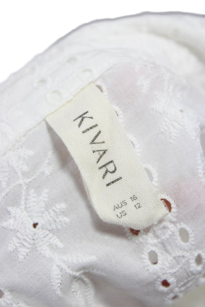 Kivari Womens Tunic Button Up Floral Collared Short Sleeve White Cotton Size 12