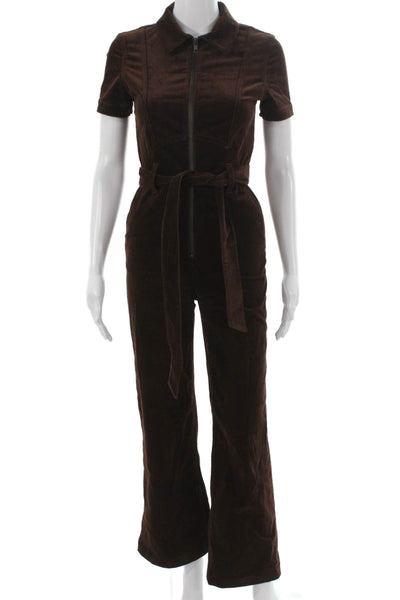 Alice + Olivia Womens Corduroy Collared Short Sleeve Jumpsuit Brown Zip Size S