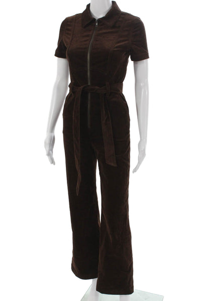 Alice + Olivia Womens Corduroy Collared Short Sleeve Jumpsuit Brown Zip Size S