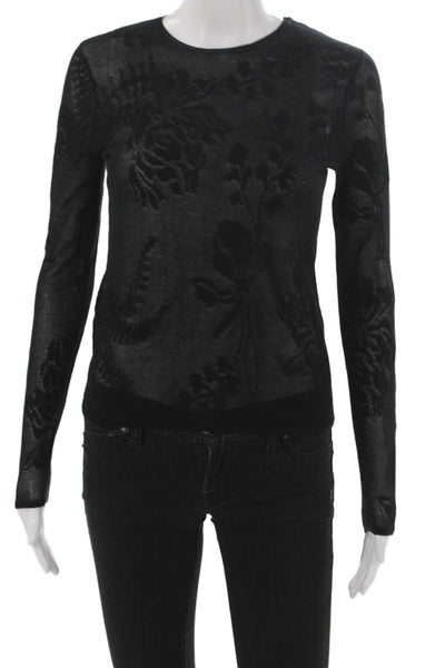 Vince Women Black Floral Pullover Crew Neck Long Sleeve Polyester Size 2XS