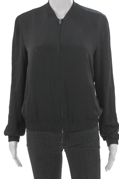 Theory Womens Bomber Jacket Black Silk Zip Long Sleeve Size S