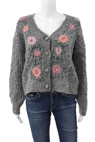 Heartloom Women Cardigan Floral V Neck Gray Long Sleeve Polyester Size M