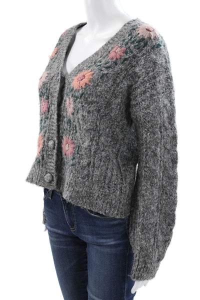 Heartloom Women Cardigan Floral V Neck Gray Long Sleeve Polyester Size M