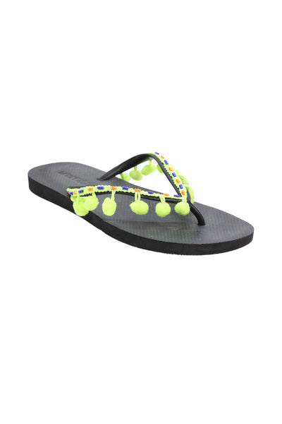 Mystique Womens Pom Pom Detail Beaded Flip Flops Green Size 10