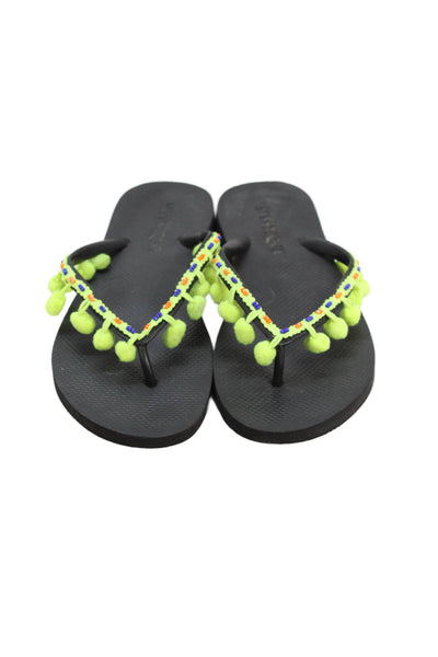 Mystique Womens Pom Pom Detail Beaded Flip Flops Green Size 10