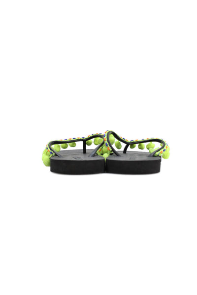 Mystique Womens Pom Pom Detail Beaded Flip Flops Green Size 10
