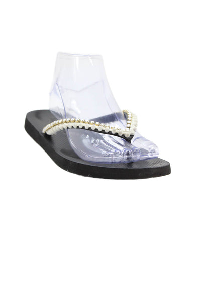 Mystique Womens Rhinestoned Pom Pom Accent Flip Flops Black Size 10