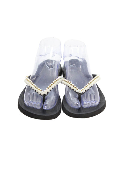Mystique Womens Rhinestoned Pom Pom Accent Flip Flops Black Size 10