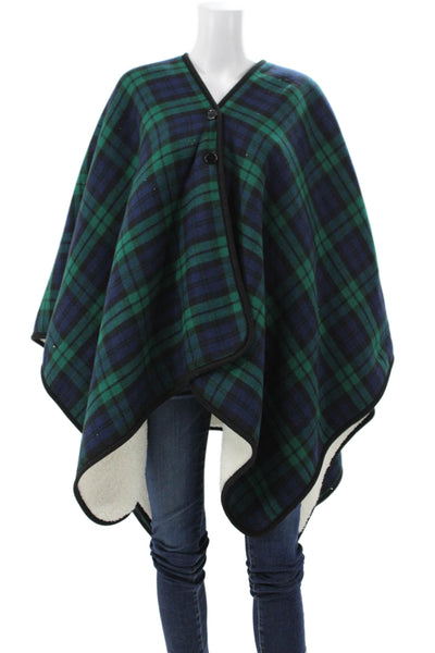 Lands End Womens Plaid Acrylic Poncho Button Sleeveless Size One Size