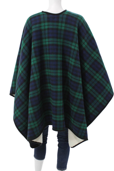 Lands End Womens Plaid Acrylic Poncho Button Sleeveless Size One Size