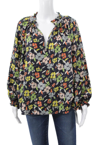 The Great Women Silk Floral V Neck Long Sleeve Blouse Blue Pullover Size 2