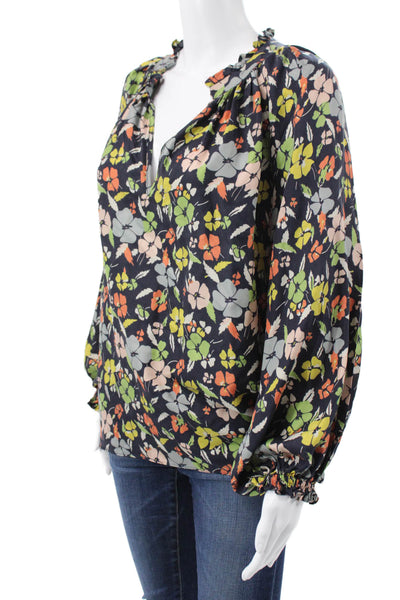The Great Women Silk Floral V Neck Long Sleeve Blouse Blue Pullover Size 2