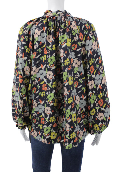 The Great Women Silk Floral V Neck Long Sleeve Blouse Blue Pullover Size 2
