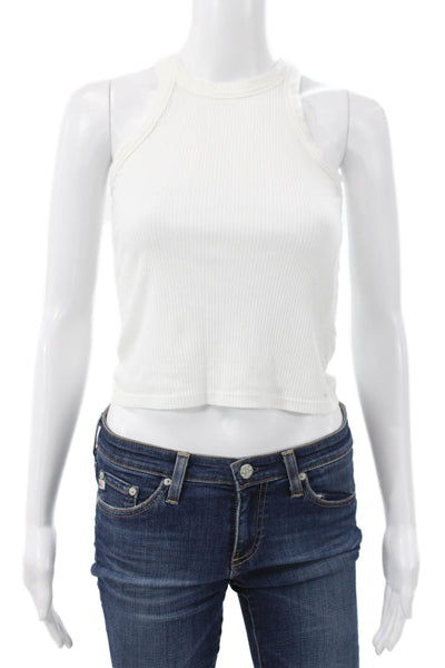Wesley Women White Tencel Cropped Tank High Neck Sleeveless Size S