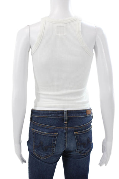 Wesley Women White Tencel Cropped Tank High Neck Sleeveless Size S