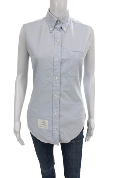 Thom Browne Womens Sleeveless Collared Button Up Cotton Top Blue Basic Size 1