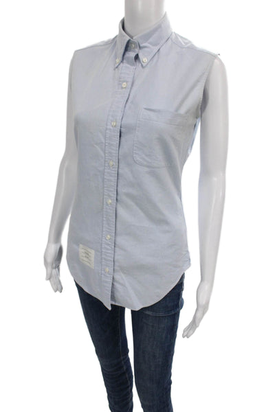 Thom Browne Womens Sleeveless Collared Button Up Cotton Top Blue Basic Size 1