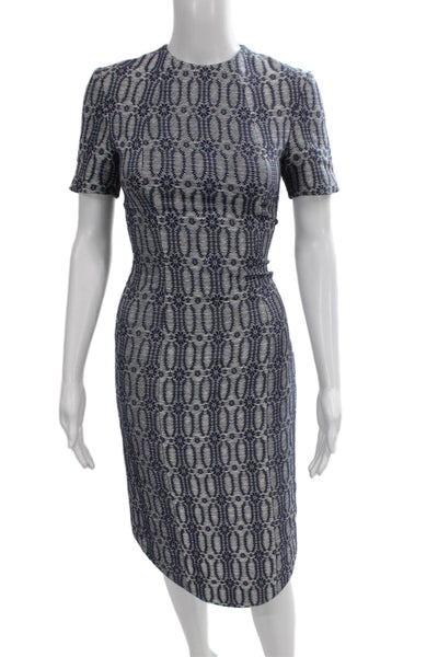 Thom Browne Womens Blue Geometric Cotton Sheath Dress Short Sleeve Zip Size XS