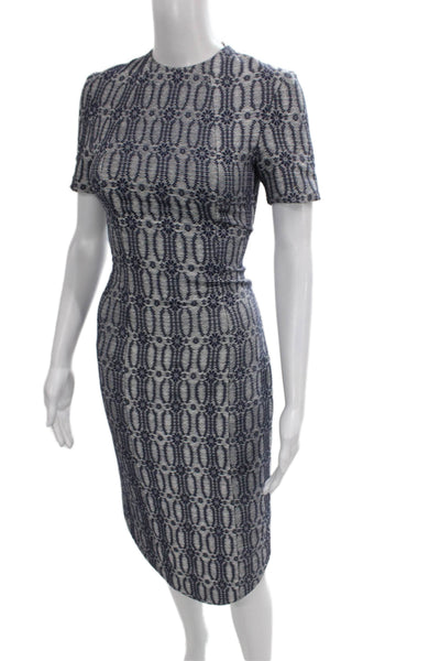 Thom Browne Womens Blue Geometric Cotton Sheath Dress Short Sleeve Zip Size XS