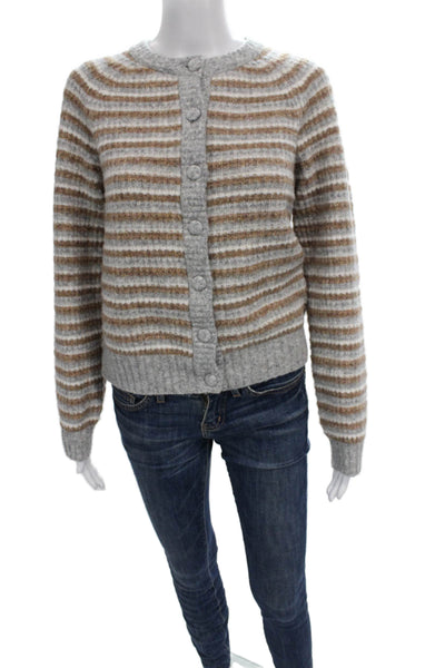 Lilla P Womens Cardigan Gray Striped Round Neck Long Sleeve Wool Blend Size XS