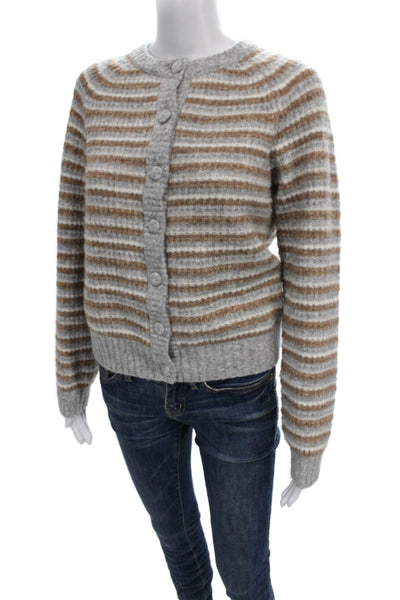 Lilla P Womens Cardigan Gray Striped Round Neck Long Sleeve Wool Blend Size XS