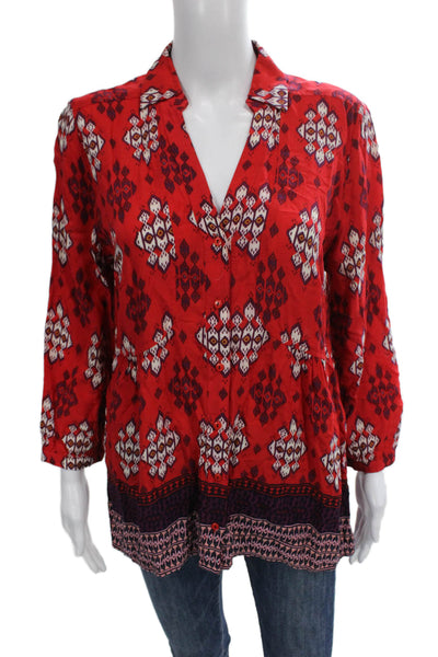 Maeve Anthropologie Womens Red Tunic Long Sleeve Collared Rayon Size 10