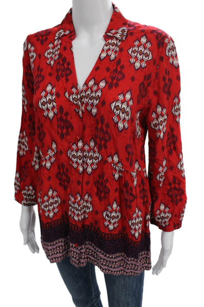 Maeve Anthropologie Womens Red Tunic Long Sleeve Collared Rayon Size 10