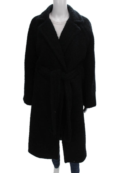 Ganni Womens Overcoat Black Wool Blend Tie Long Sleeve Size 36