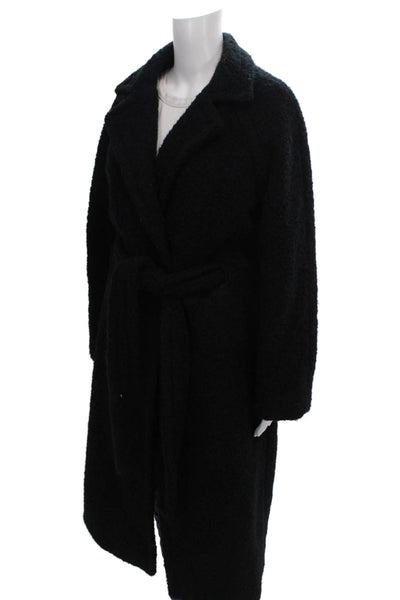 Ganni Womens Overcoat Black Wool Blend Tie Long Sleeve Size 36