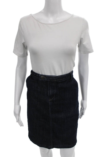 Zara Woman Womens Straight Pencil Skirt Blue Cotton Button Knee Size 8