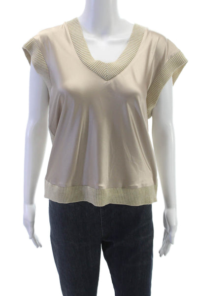 JS71 Womens V-Neck Sleeveless Vest Sweater Beige Viscose Solid Fall Size XS
