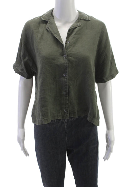 James Perse Womens Basic Linen Collared Button Up Short Sleeve Green Size 0