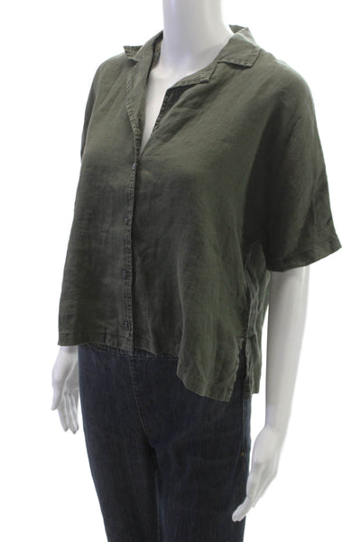 James Perse Womens Basic Linen Collared Button Up Short Sleeve Green Size 0