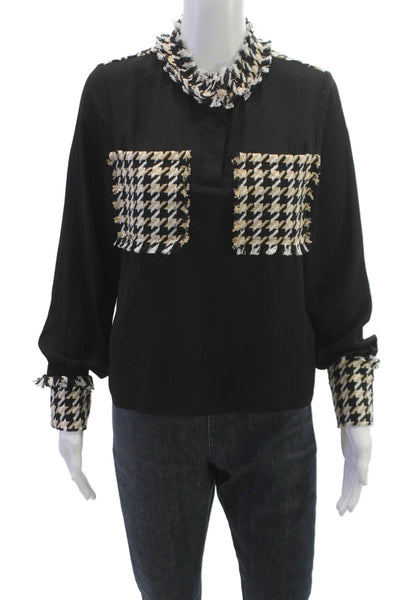 Gracia Women Black Check Collared Blouse Long Sleeve Size S