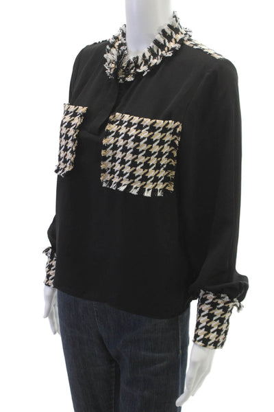 Gracia Women Black Check Collared Blouse Long Sleeve Size S