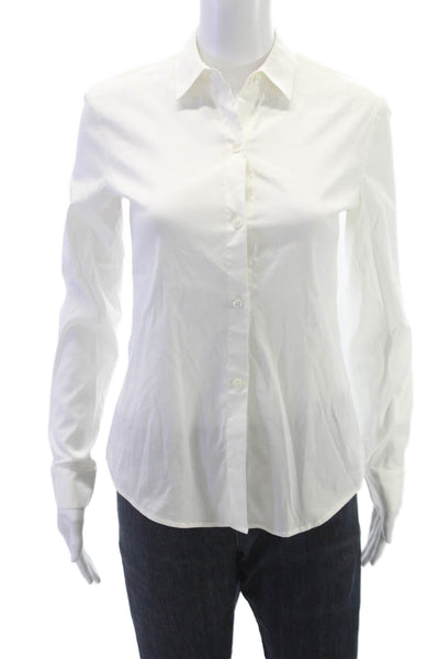 Theory Women Basic Collared Button Up White Cotton Long Sleeve Top Size PP