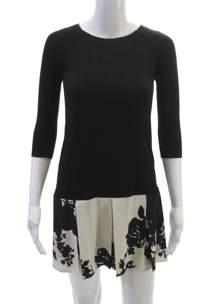 Bailey 44 Womens Shift Dress Black Floral Boat Neck 3/4 Sleeve Rayon Size XS