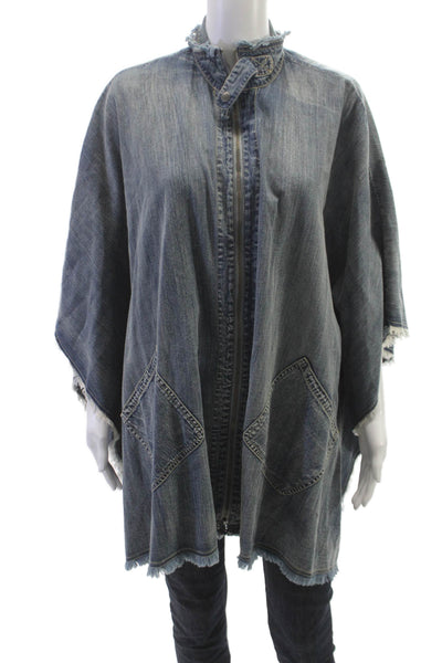 Treasure & Bond Womens Blue Cotton Poncho Jacket 3/4 Sleeve Zip Size One Size