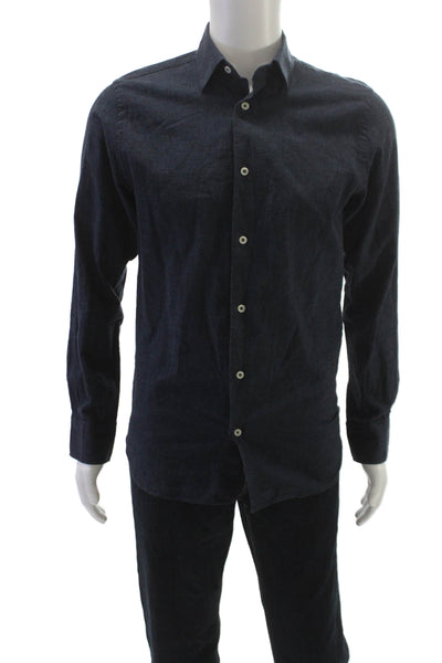 Zara Mens Solid Cotton Blend Button Up Shirt Blue Size S