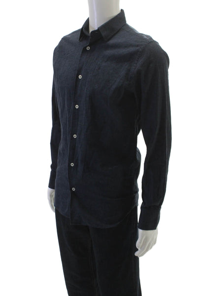Zara Mens Solid Cotton Blend Button Up Shirt Blue Size S