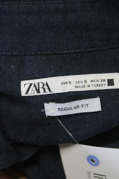 Zara Mens Solid Cotton Blend Button Up Shirt Blue Size S