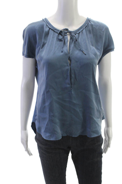 Go By GoSilk Womens Silk Blouse Short Sleeve Round Neck Blue Size XS