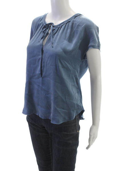 Go By GoSilk Womens Silk Blouse Short Sleeve Round Neck Blue Size XS